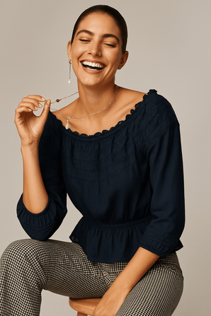 Off the Shoulder Black Blouse with Lace Detail - Size: S