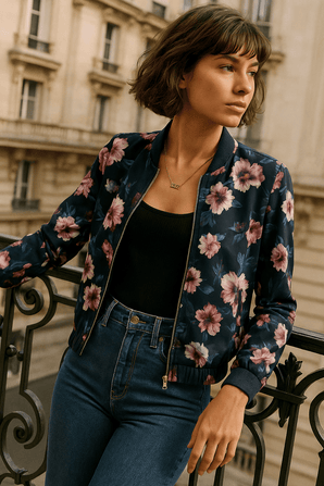Statement Bomber Jacket with Bold Floral Print - Size: M