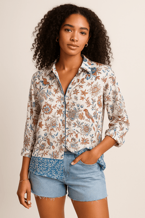 Boho Floral Blouse/Tunic with Teal Blue Border - Size: M