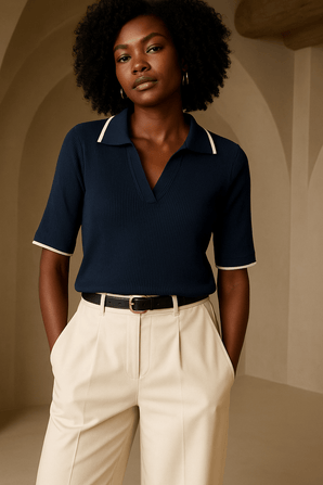 Black Knitted Contrast Polo Top - Size: M