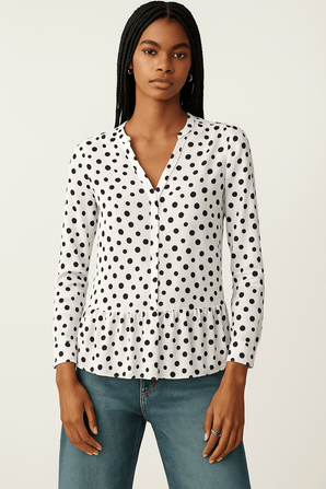 Silk Cotton Ruffled Blouse with Polka Dots - Size: XL