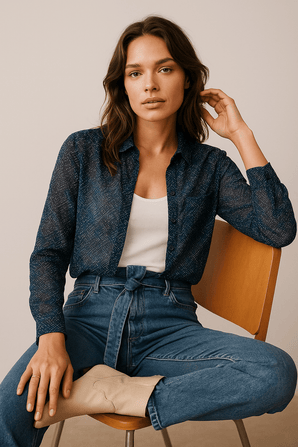 Navy Blue Blouse with an all-over Dotted Pattern - Size: S