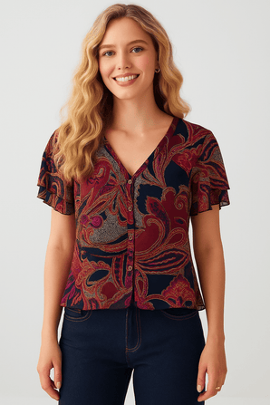 V-neck Blouse with Flowy Hem and Sleeves- Size: L