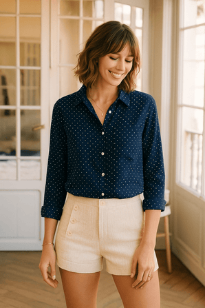 Polka Dot Navy Button Down Shirt- Size: S