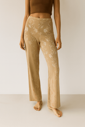 Vintage Trousers in Warm Beige and Gold Pattern - Size: M