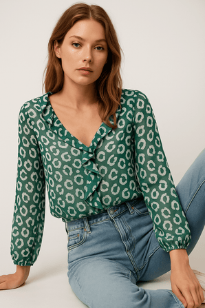 Leopard Print Frill Blouse - Size: M