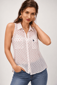 White & Pink Polka Dot Blouse - Size: XS