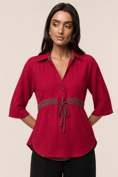 Patterned Tie-waist Blouse in Cotton- Size: M