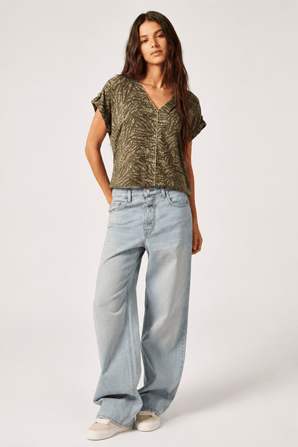 Linen Viscose Abstract Top in Khaki- Size: S/M
