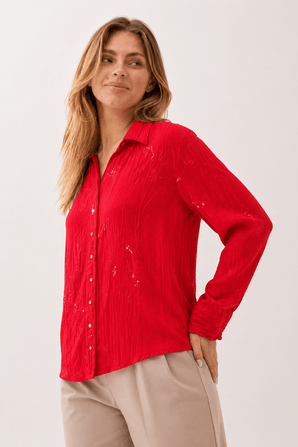 Sequin Embroidered Blouse in Rich Red- Size: XXL