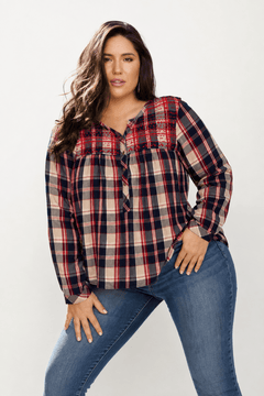 Vintage Plaid Henley Blouse - Size: L