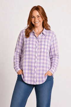 Gingham Cotton Shirt in Lavender- Size: L