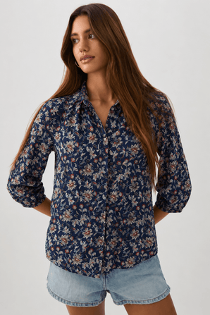 Cotton Shirt in Navy Floral Print- Size: L
