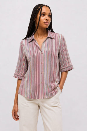 Cotton Blend Striped Shirt in Mauve and Cream- Size: L