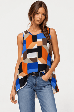Geometric Color- Block Sleeveless Blouse - Size: S/M