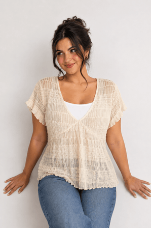 Smocked V-Neck Top in Cream- Size: M/L