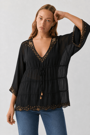 100% Silk Beaded Blouse in Black - Size: L