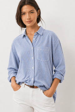 All Cotton Micro-check Shirt in Light Blue- Size: XS