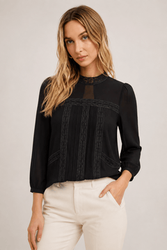 Black Blouse with Crochet Detailing- Size: XS