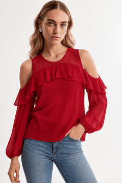 Cold Shoulder  Blouse with Ruffle Detail- Size: XS