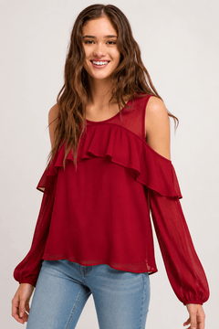 Cold Shoulder  Blouse with Ruffle Detail- Size: XS
