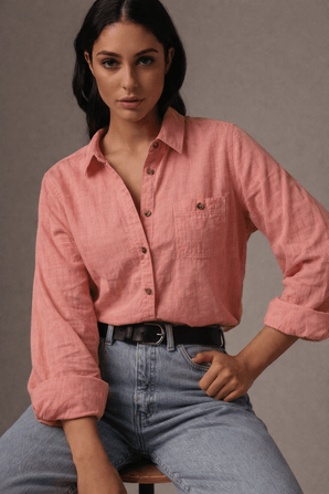 Micro-check Cotton Shirt in Tomato Red- Size: S/M