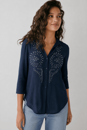 Navy Embellished Long Sleeve Shirt - Size: XS