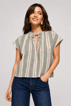 Striped Tie-Neck Top in Cotton - Size: S
