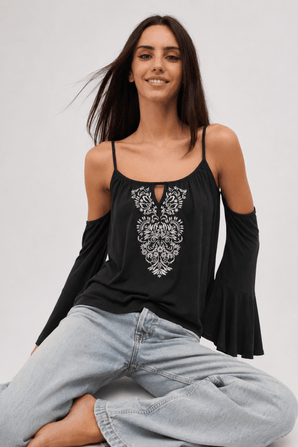 Open-shoulder Embroidered Blouse in Viscose- Size: XS