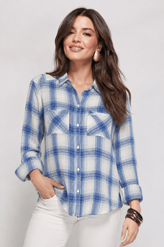 Plaid Cotton Shirt in Blue and White- Size: S