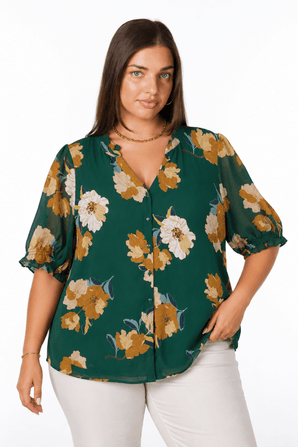 Ochre Floral Print Blouse in Teal- Size: XL
