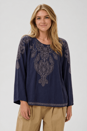 Boho Embroidered  Blouse in Dark Grey- Size: S