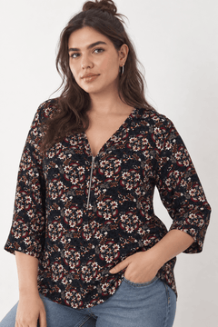 Dark Floral Half-Zip Blouse - Size: XXL/XXXL