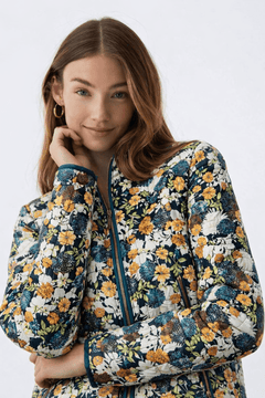 Quilted Bomber Jacket in Botanical Print- Size: S