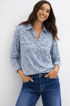 Blue and Cream Cotton Shirt - Size: XS