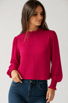 Shirred Neck Blouse in Fuchsia - Size: L