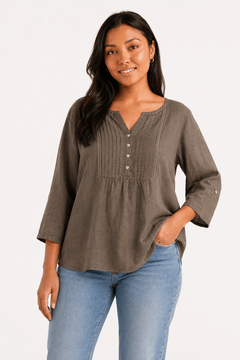 100% Linen Blouse in Olive Green - Size: L