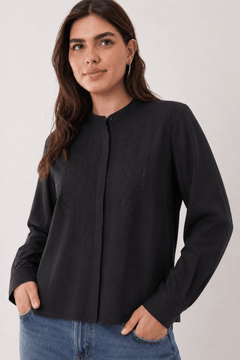 Band Collar Blouse with Patterned Embroidery- Size: XXL