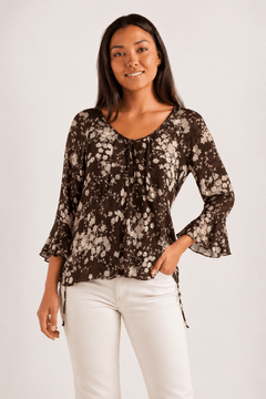 Floral Viscose Blouse in Warm Brown - Size: M