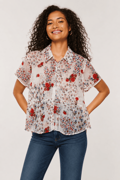 Red Rose Blouse in Sheer Viscose- Size: M/L