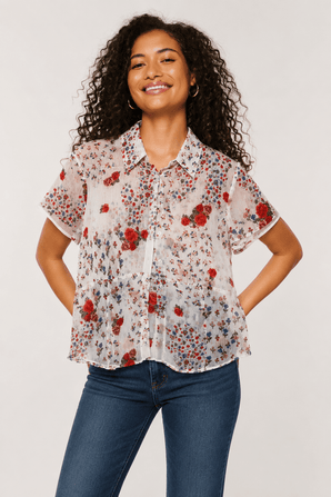 Red Rose Blouse in Sheer Viscose- Size: M/L