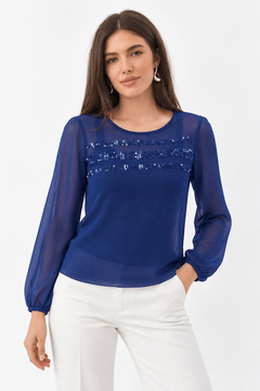 Sheer Sequined Blouse in Royal Blue- Size: S