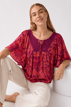 Wide Batwing Sleeves Blouse in Magenta- Size: L