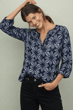 100% Cotton Blue Printed Blouse - Size: S