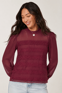 Lace-Detail Chiffon Blouse in Burgundy- Size: M