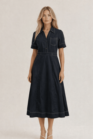 Cotton Dress with Contrast Stitching- Size: XS