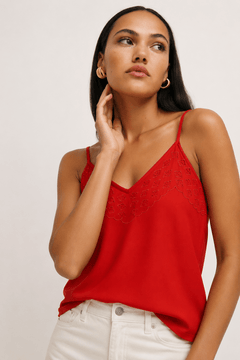 Red Scalloped Trim Cami Top - Size: L