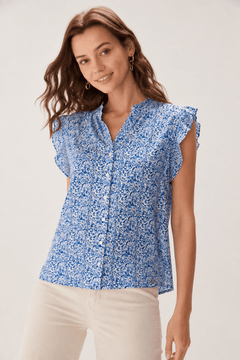 Blue Floral Polyester Blouse - Size: M
