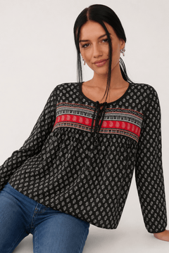 Boho Style Blouse in Black Base- Size: XL