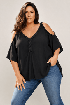 Braided Neckline Blouse in Black- Size: XXXL